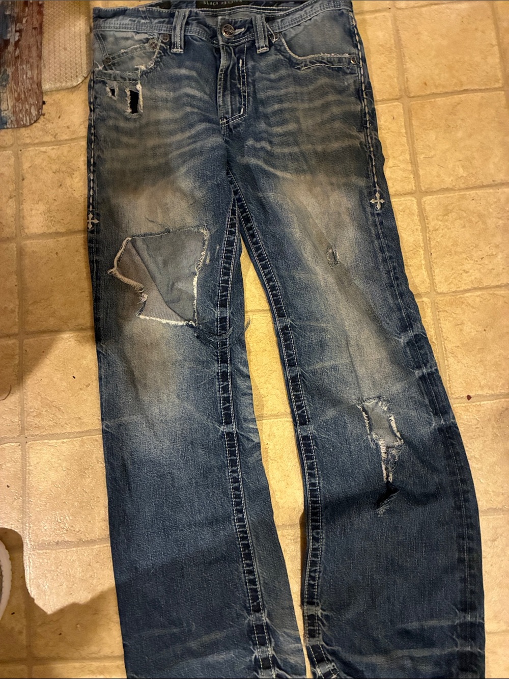 Affliction Black Premium Blake Jeans Men's 31x32 Distressed Destroyed Patch Y2K
